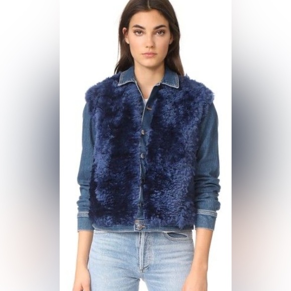 L'AGENCE Carolina denim blue shearling jacket - Picture 1 of 8